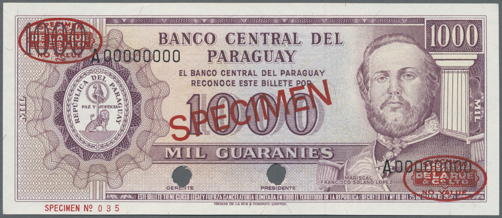01953 Paraguay: 1000 Guaranies 1952 Specimen P. 201bs In Condition: UNC. - Paraguay