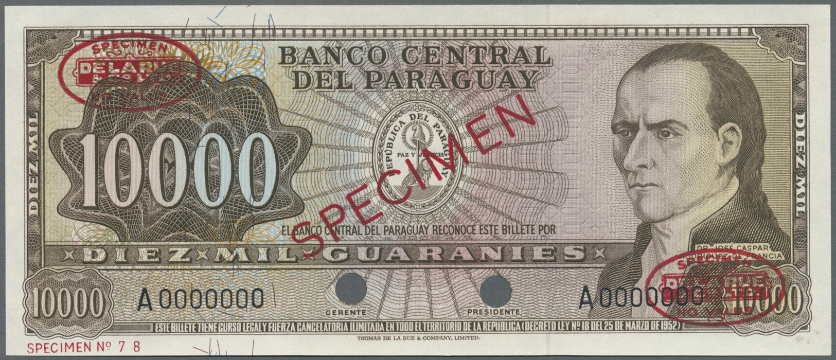 01955 Paraguay: 10.000 Guaranies 1952 Specimen P. 203s In Condition: UNC. - Paraguay