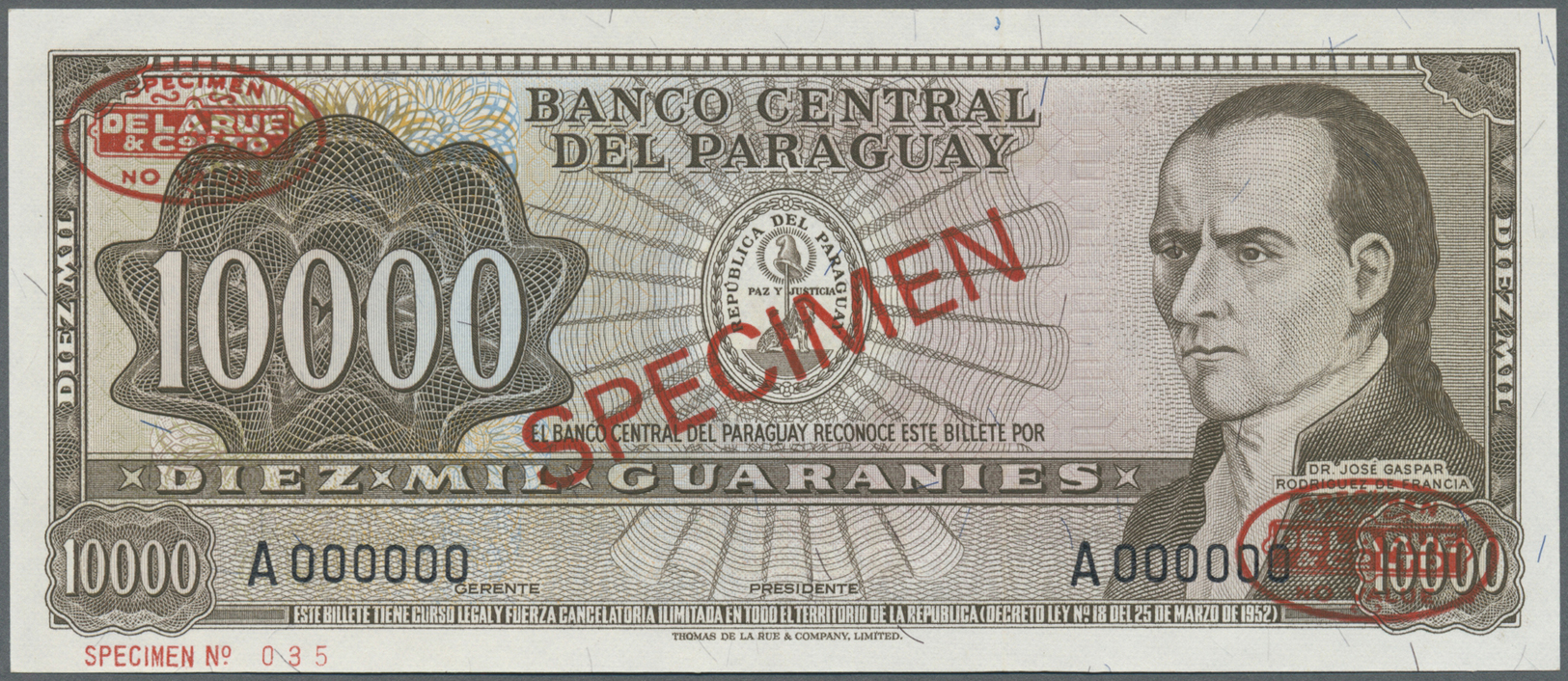 01956 Paraguay: 10.000 Guaranies 1952 Specimen P. 204as In Condition: UNC. - Paraguay