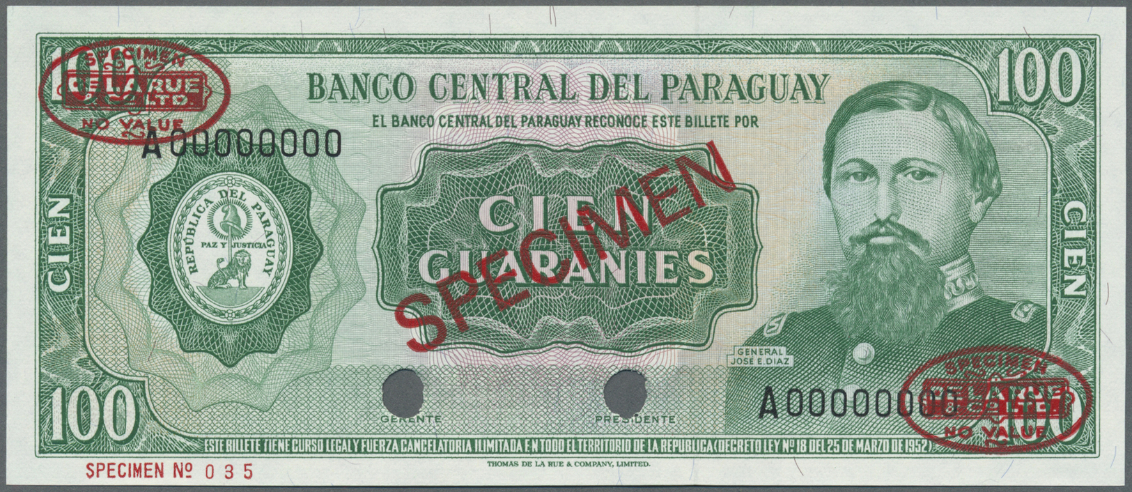 01957 Paraguay: 100 Guaranies 1952 Specimen P. 205s In Condition: UNC. - Paraguay