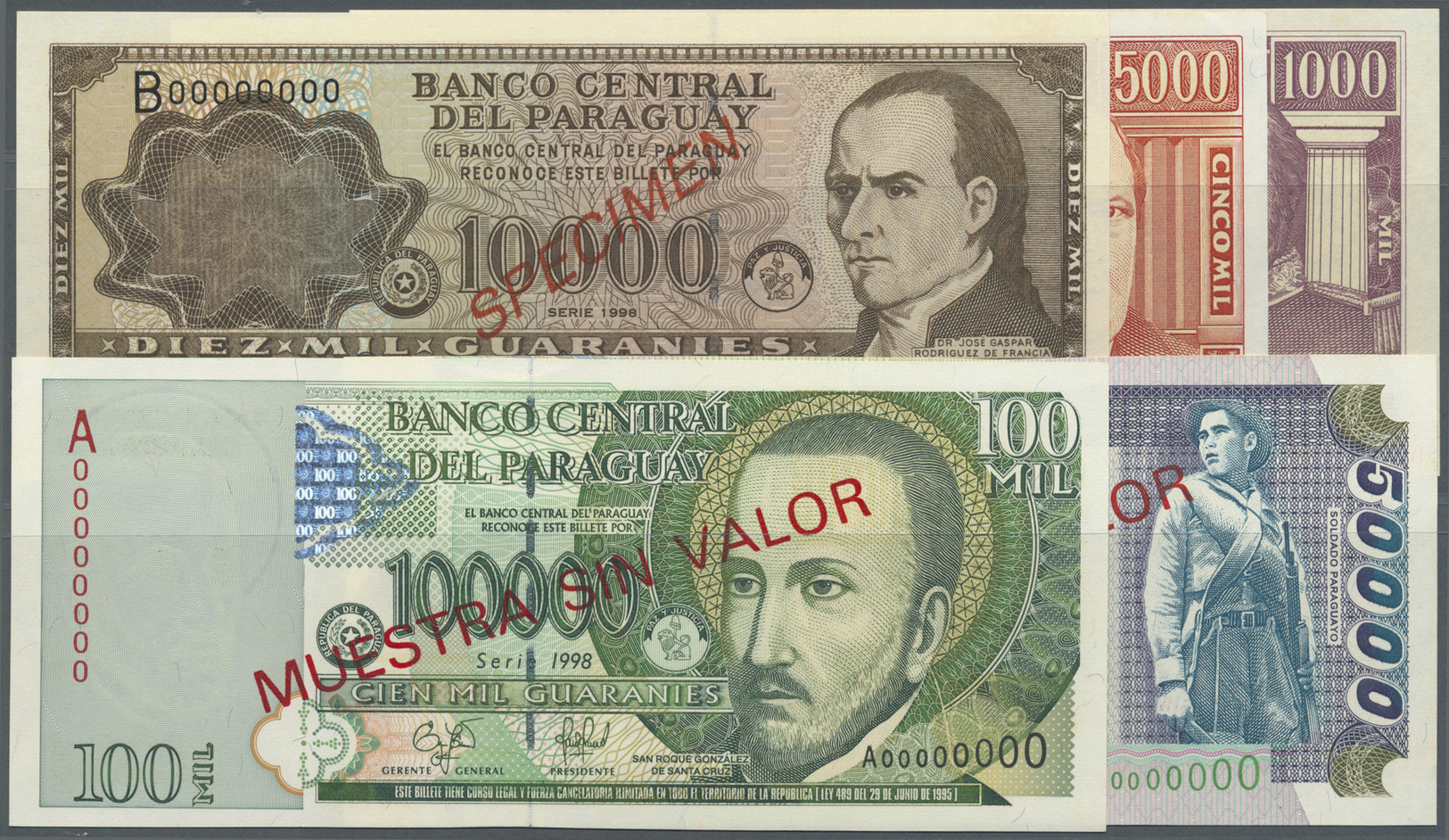 01959 Paraguay: Set Of 5 Specimen Banknotes Containing 1000 Guaranies 1998, 5000 Guaranies 1997, 10.000 Guaranies 1998, - Paraguay