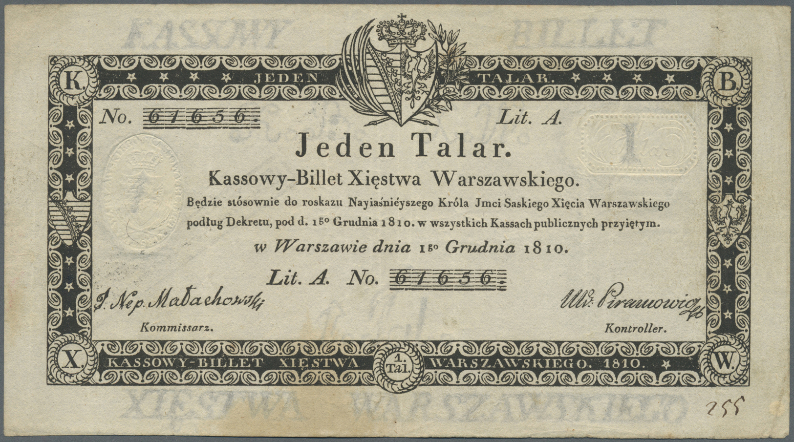 01974 Poland / Polen: 1 Taler 1810 P. A2, Used With Several Light Folds In Paper, No Holes Or Tears, Still Strong Paper, - Poland