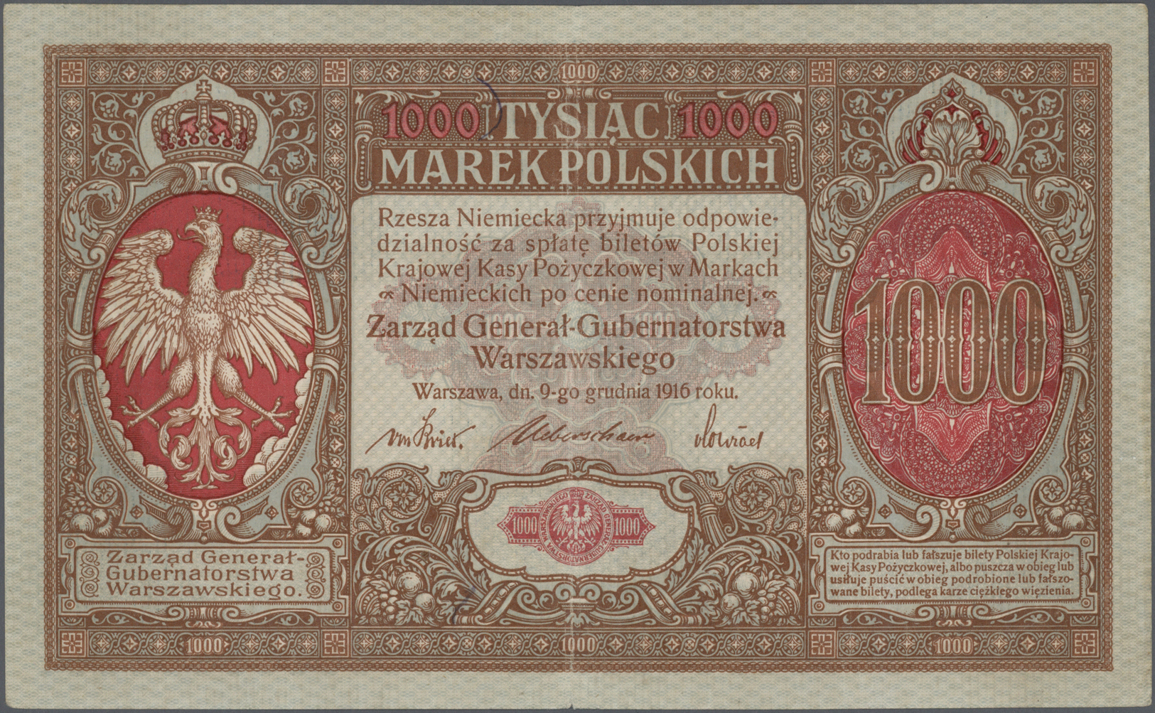 01977 Poland / Polen: 1000 Marek 1916 P. 16, Center Fold, Light Handling In Paper, No Holes Or Tears, Original Colors, C - Poland