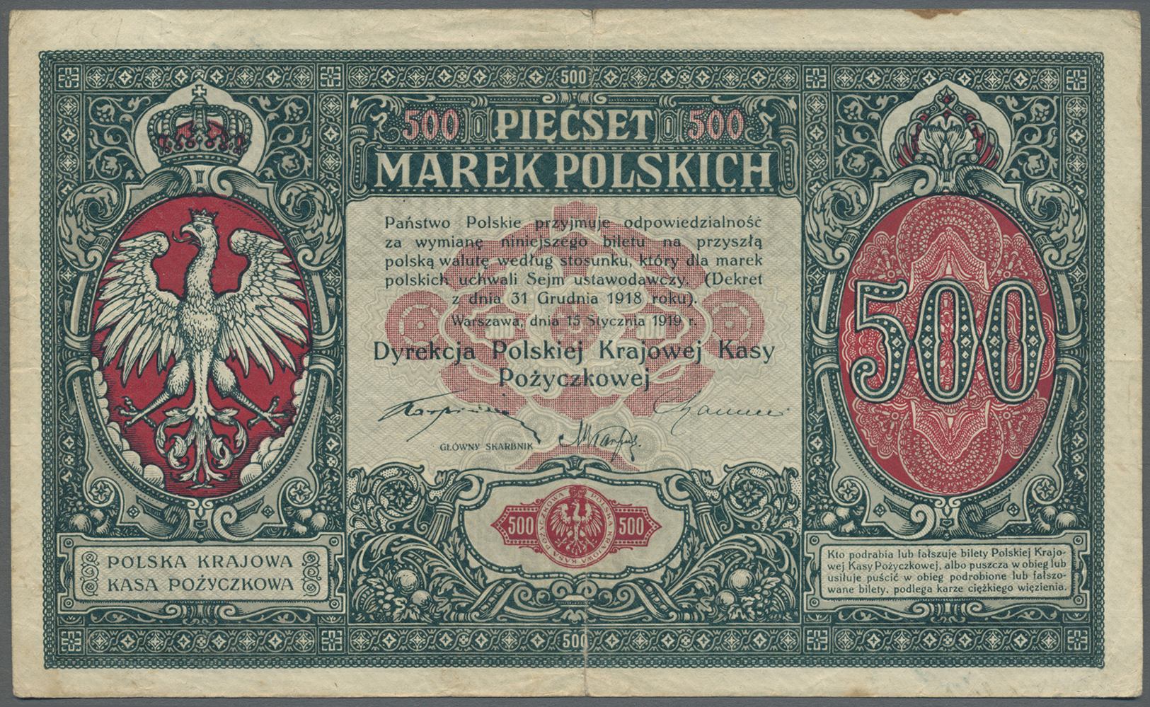 01979 Poland / Polen: 500 Marek Polskich 1919, P.18, Nice And Attractive Rare Note With A Few Spots, Some Folds And Smal - Poland