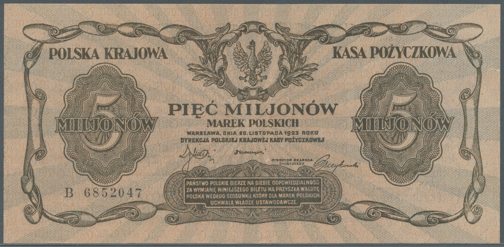 01982 Poland / Polen: 5 Million Marek Polskich 1923, P.38, Rare Note In Nice Condition, Vertically Folded And A Few Othe - Poland