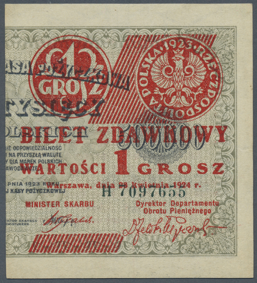 01983 Poland / Polen: Provisional "Cut In Half" Bilet Zdawkowy (Utility Note) Issue 1 Grosz 1924 P. 42b In Condition: AU - Poland