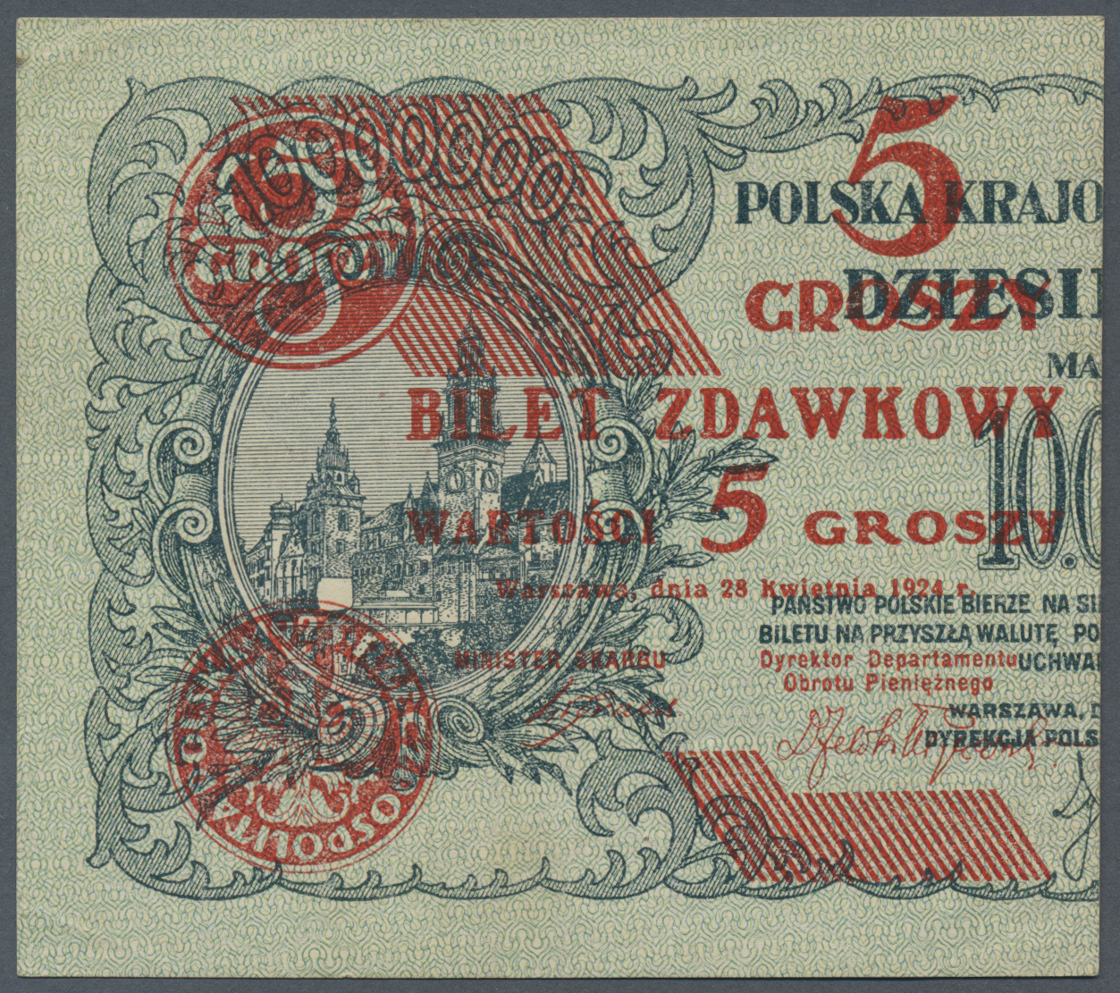 01984 Poland / Polen: Provisional "Cut In Half" Bilet Zdawkowy (Utility Note) Issue 5 Grosz 1924 P. 43a In Condition: XF - Polonia