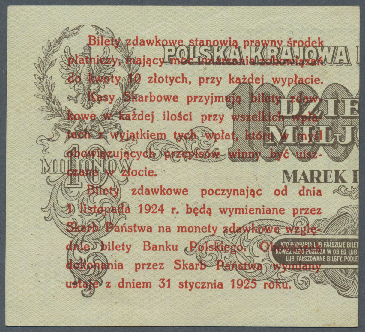 01985 Poland / Polen: Provisional "Cut In Half" Bilet Zdawkowy (Utility Note) Issue 5 Grosz 1924 P. 43b In Condition: XF - Poland