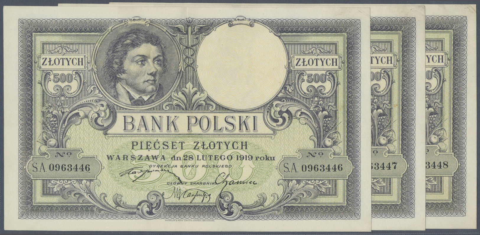 01987 Poland / Polen: Set Of 3 CONSECUTIVE Banknotes 500 Zlotych 1919 P. 58 From Number #0963446 To #0963448, All 3 Note - Poland