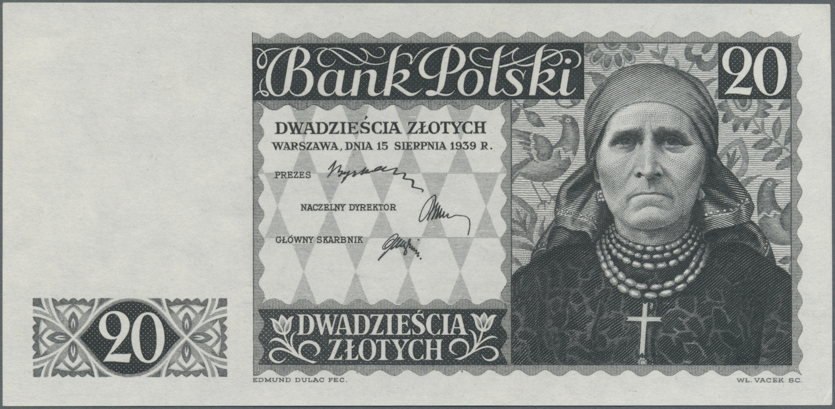 01990 Poland / Polen: 20 Zlotych 1939 P. 83p, Proof In Blue Dark Brown Color Of An Unissued Banknote, Uniface Print, Bac - Poland
