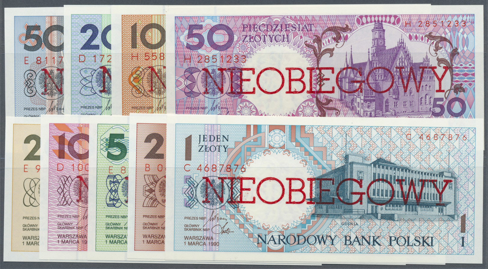 01995 Poland / Polen: Set Of 9 Notes Of An Unissued Series Of 1990 Overprinted "not Issued" (Nieobiegowy) Containing The - Poland