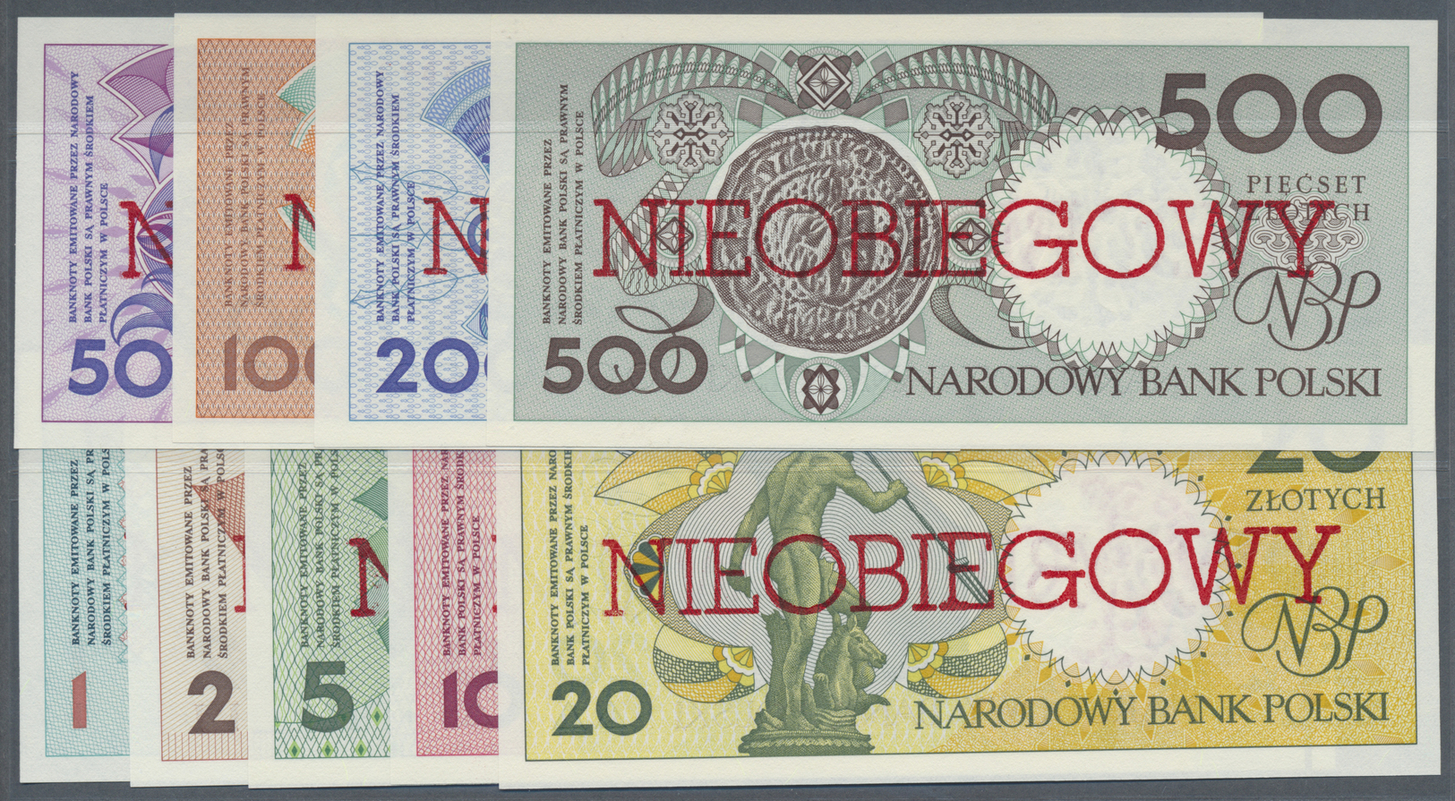 01995 Poland / Polen: Set Of 9 Notes Of An Unissued Series Of 1990 Overprinted "not Issued" (Nieobiegowy) Containing The - Poland