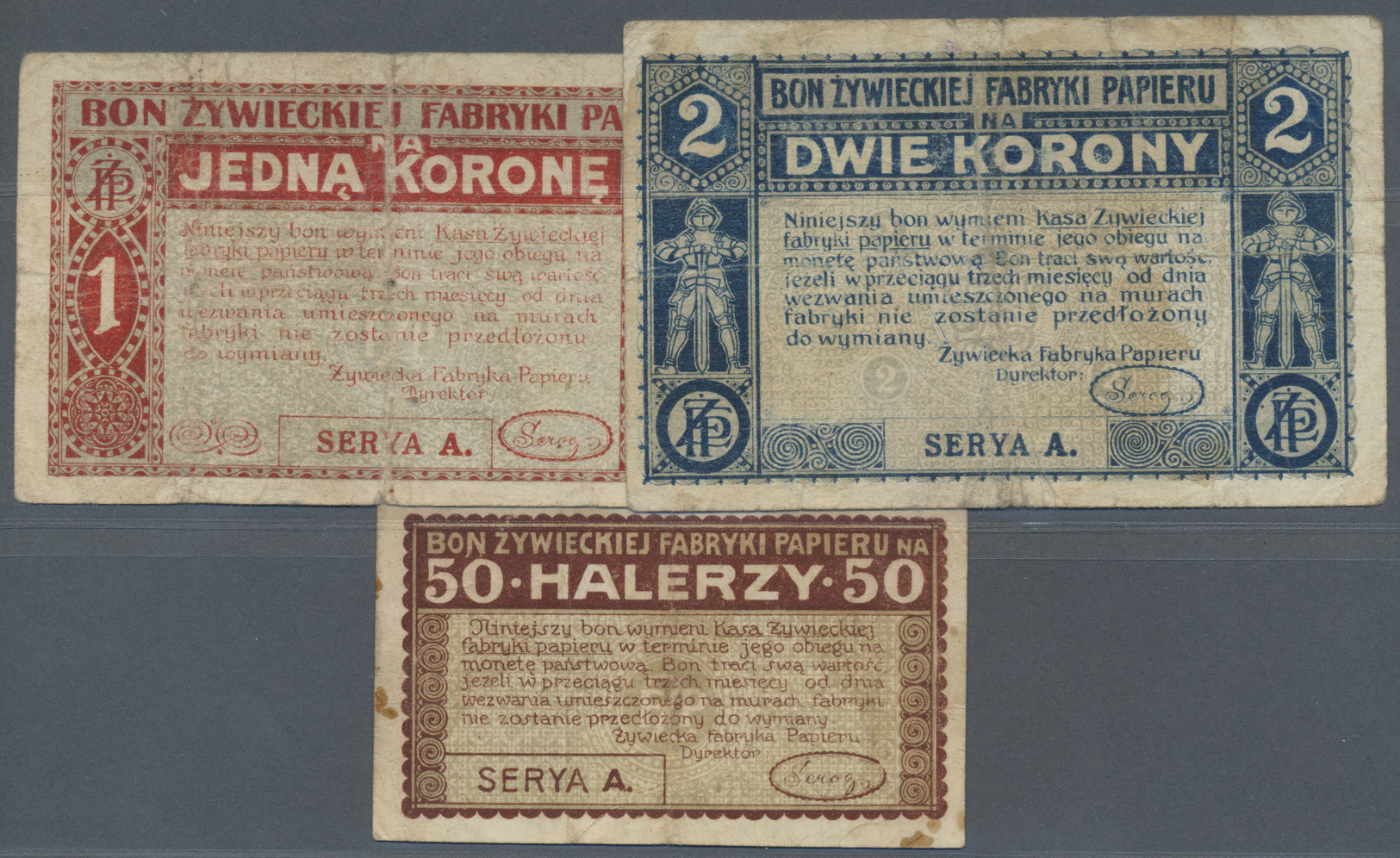 01998 Poland / Polen: Set Of 3 Notes Local Issue For Zywiec Containing 50 Halerzy, 1 And 2 Korona 1919, All Well Used Bu - Poland