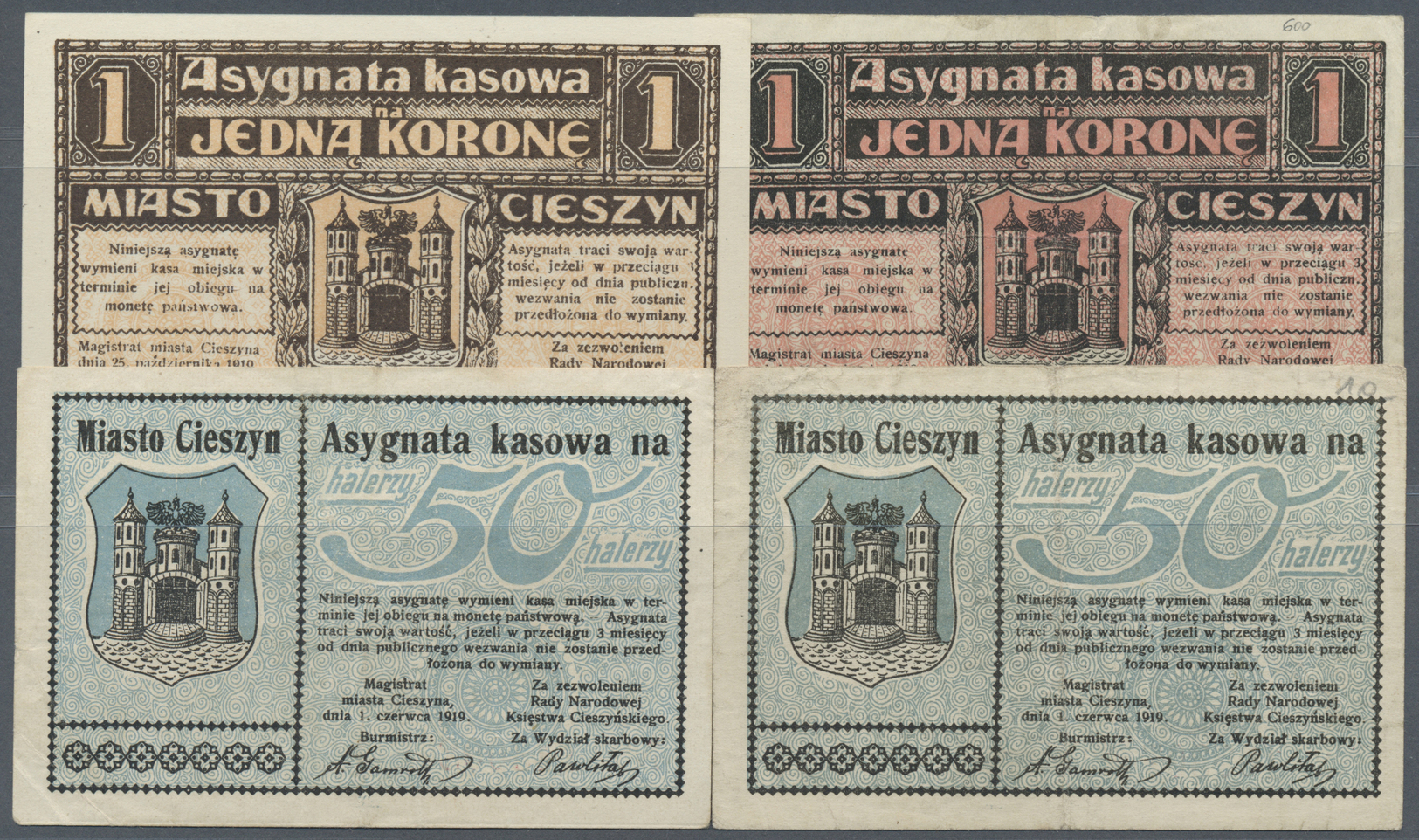 02000 Poland / Polen: Set Of 4 Notes Regional Isses For Cieszyn Containing 2x 50 Halerzy (F+) And 2x 1 Korona 1919 (aUNC - Poland