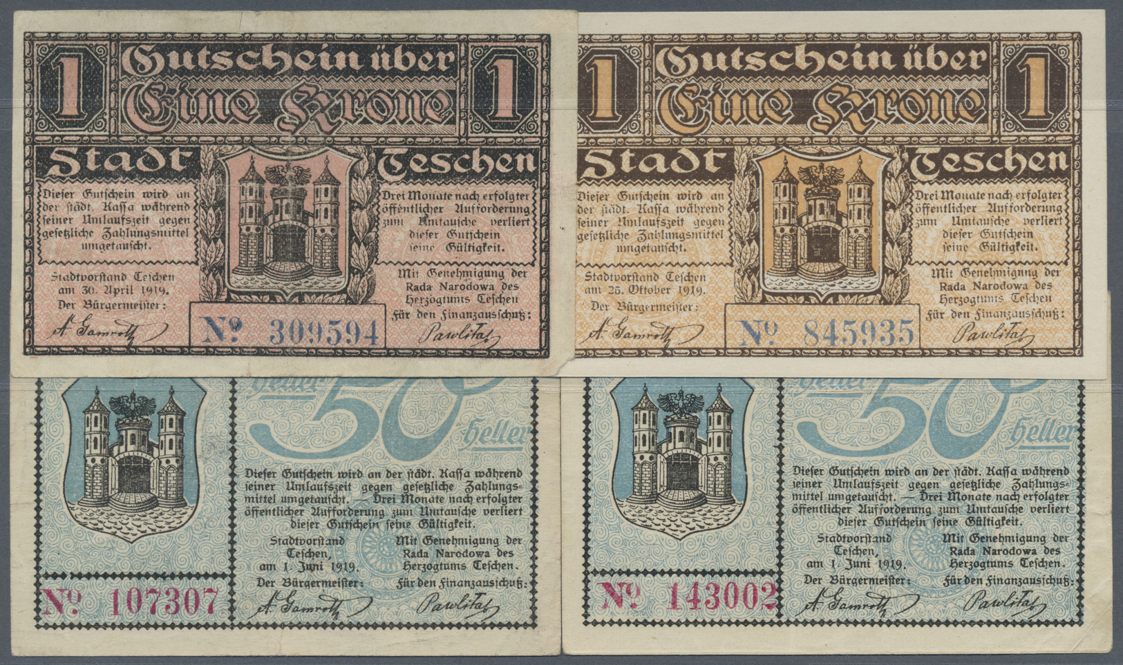 02000 Poland / Polen: Set Of 4 Notes Regional Isses For Cieszyn Containing 2x 50 Halerzy (F+) And 2x 1 Korona 1919 (aUNC - Poland