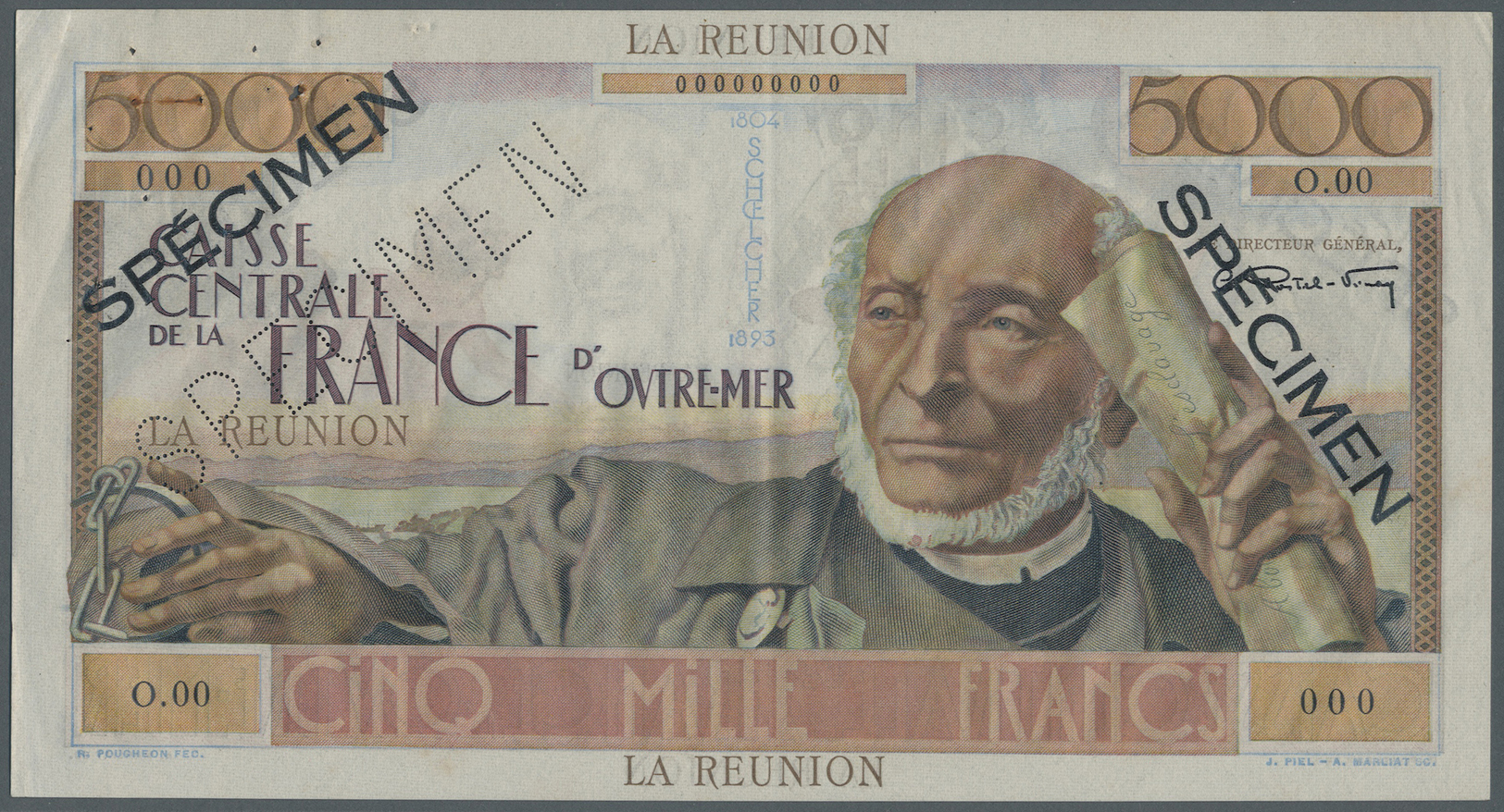 02026 Réunion: 5000 Francs ND (1947) Specimen P. 48s, Famous Large Size Banknote With General Schoelcher At Right. This - Reunion