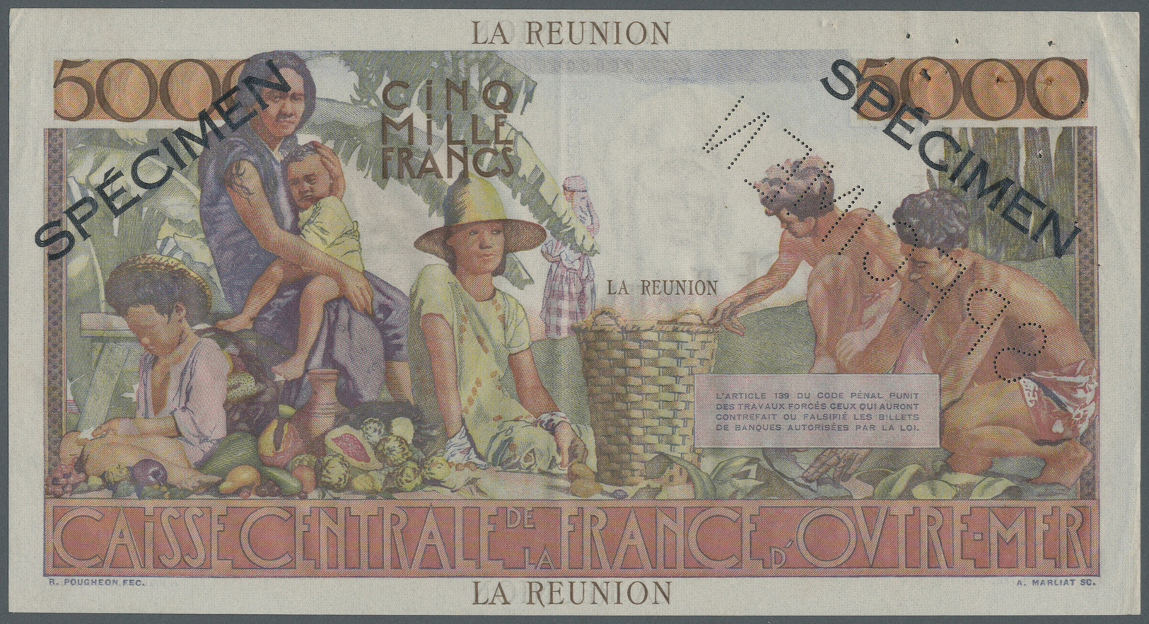 02026 Réunion: 5000 Francs ND (1947) Specimen P. 48s, Famous Large Size Banknote With General Schoelcher At Right. This - Reunion