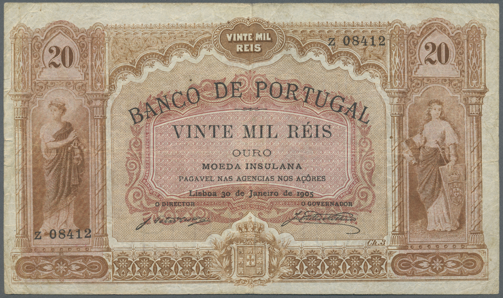 02003 Portugal: Very Rare Issue Of The Bank Of Portugal For The AZORES,  20 Mil Reis 1905 P. 13, Used With Several Folds - Portugal