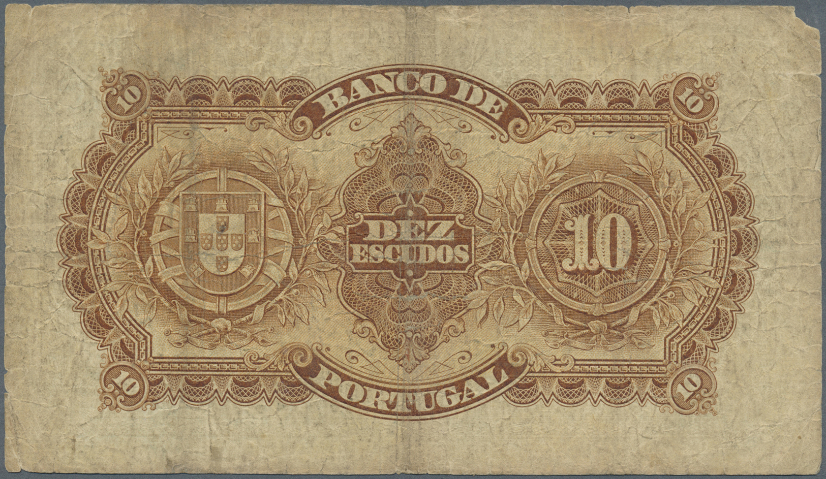02005 Portugal: 10 Escudos 1925 P. 134 In Stronger Used Condition With Stonger Folds, Stained Paper And A Small Missing - Portugal