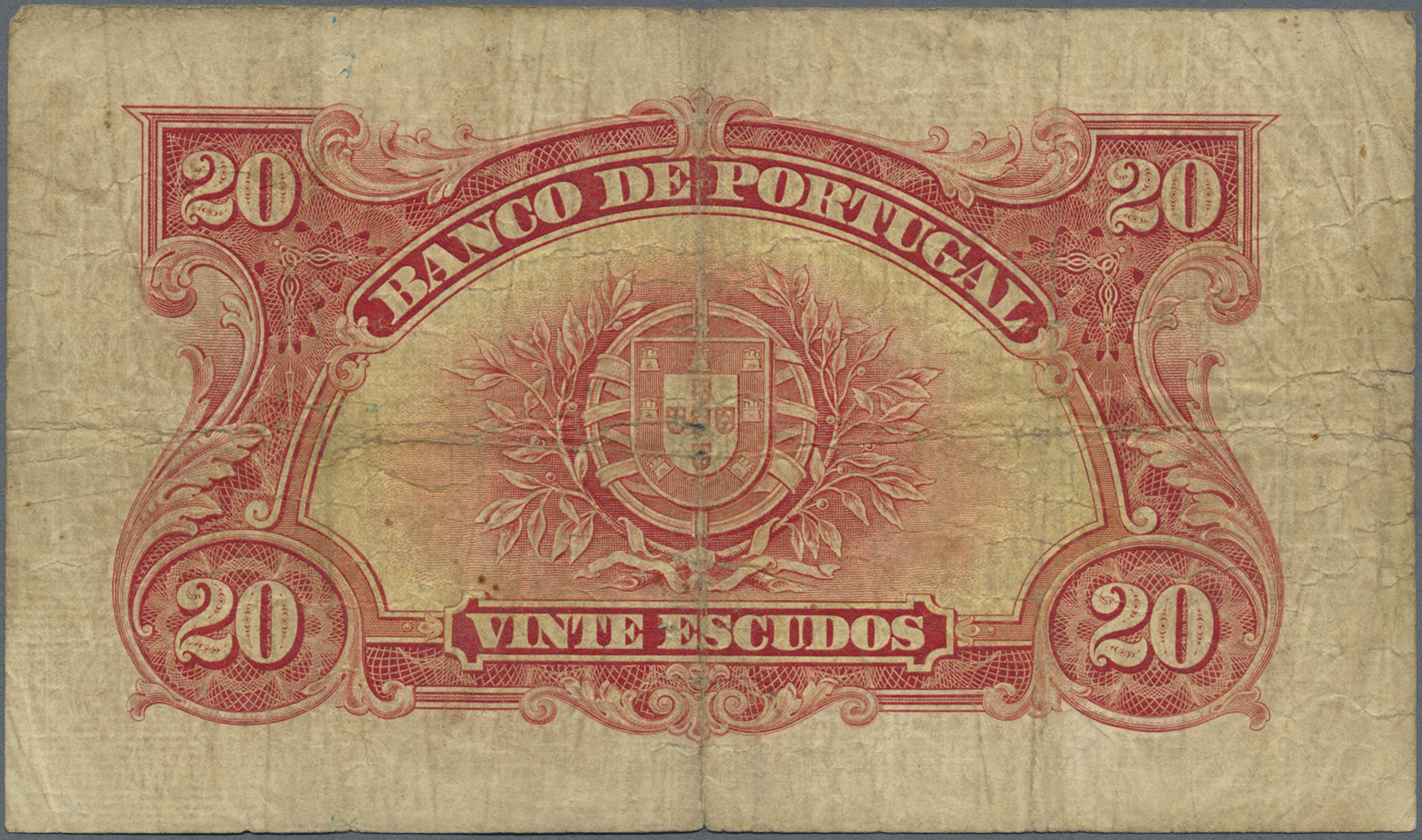 02006 Portugal: 20 Escudos 1925, P.135, Well Worn Condition With Many Folds And Creases, Stained Paper, Annotations And - Portugal