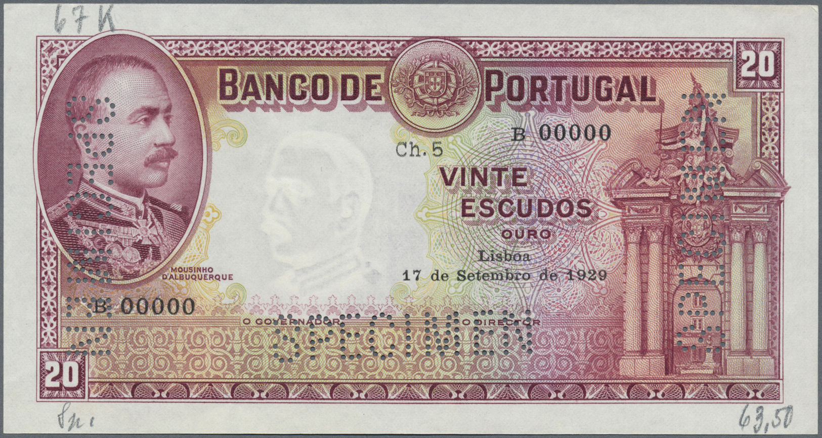 02008 Portugal: 20 Escudos 1929 SPECIMEN, P.143s In Perfect Condition Except A Very Soft Vertical Bend At Center And The - Portugal
