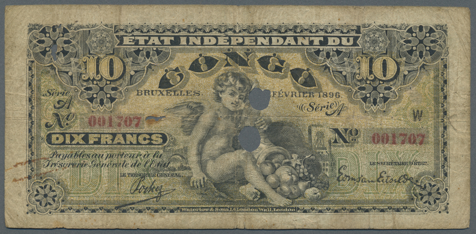 00264 Belgian Congo / Belgisch Kongo: Rare Note 10 Francs 1896 P. 1b, 2 Cancellation Holes, Used With Several Folds And - Unclassified