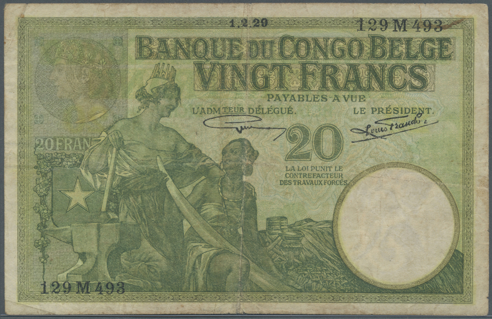 00265 Belgian Congo / Belgisch Kongo: 20 Francs 1929 P. 10f, Vertical And Horizontal Folds, Pressed, No Holes Or Tears, - Unclassified