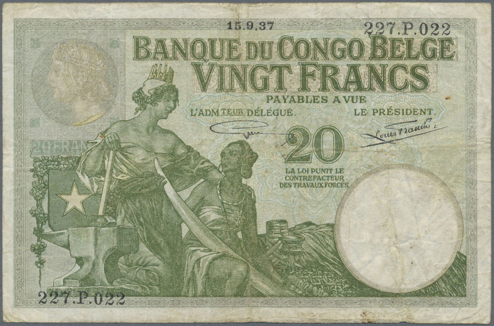 00266 Belgian Congo / Belgisch Kongo: 20 Francs 1937 P. 10f, Used With Several Folds And Creases In Paper, No Holes Or T - Unclassified