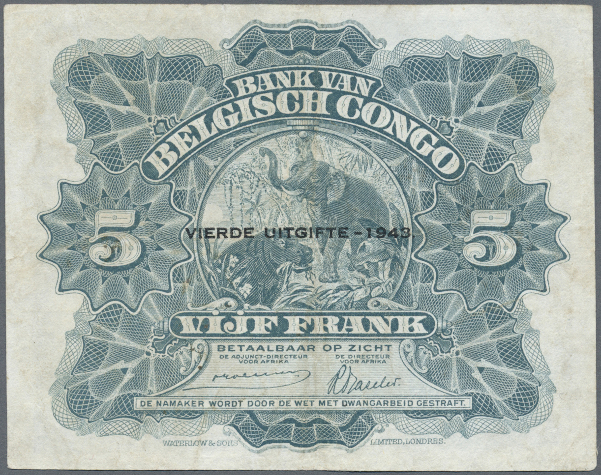 00267 Belgian Congo / Belgisch Kongo: 5 Francs 1943 P. 13Ab, Handling In Paper, No Strong Folds, No Holes Or Tears, Cond - Unclassified