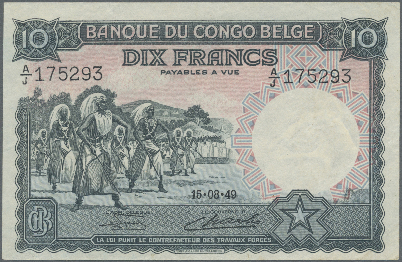 00268 Belgian Congo / Belgisch Kongo: 10 Francs 1949 P. 14E, No Visible Folds, But Pressed, No Holes Or Tears, Condition - Unclassified