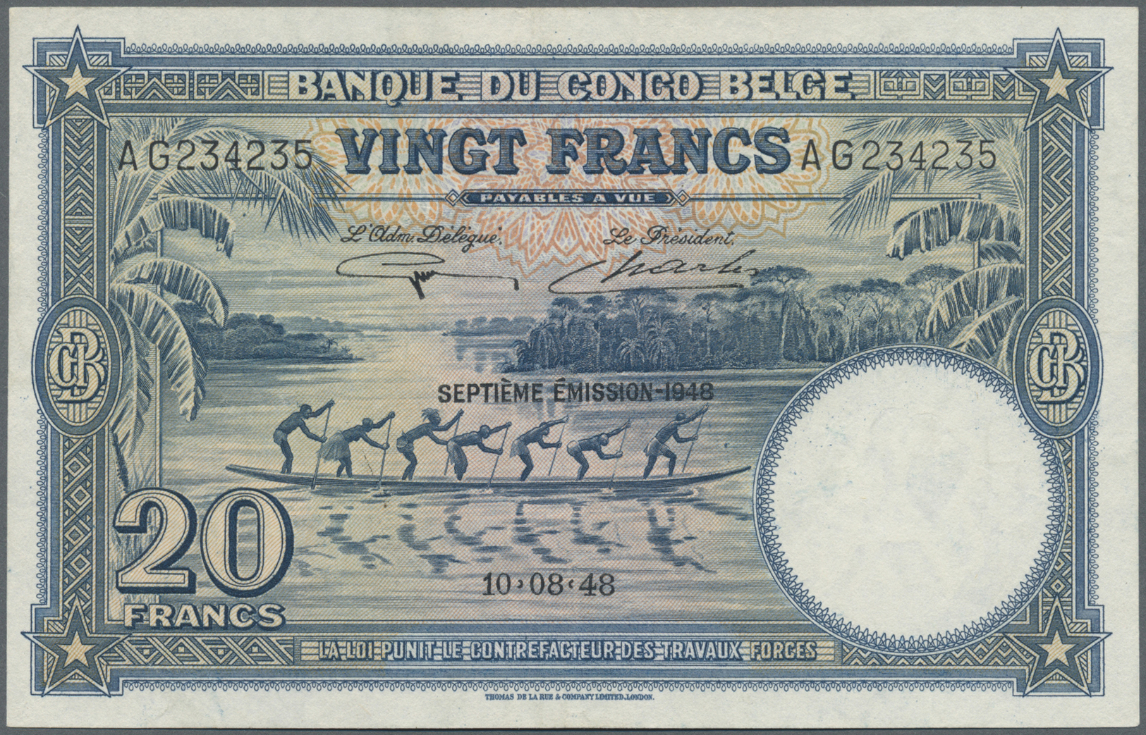 00269 Belgian Congo / Belgisch Kongo: Banque Du Congo Belge 20 Francs August 10th 1948, P.15F, Very Soft Vertical Fold, - Unclassified