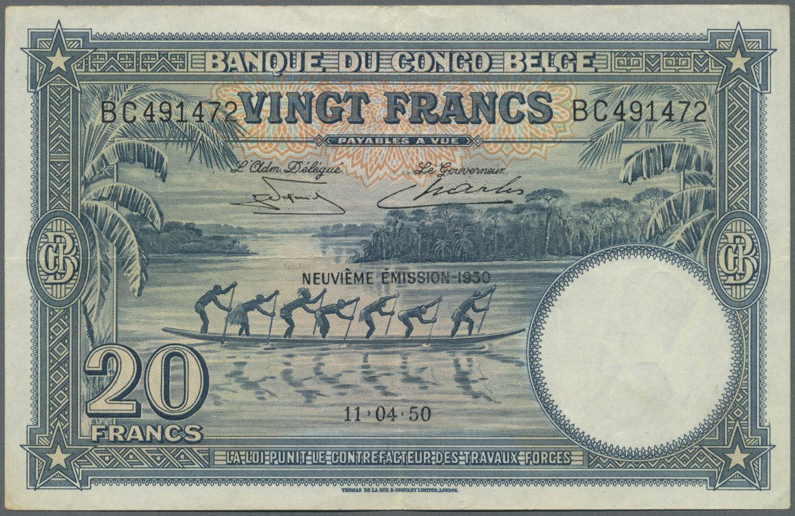 00270 Belgian Congo / Belgisch Kongo: Bamque De Congo Belge 20 Francs April 11th 1950, P.15H, Excellent Condition With V - Unclassified