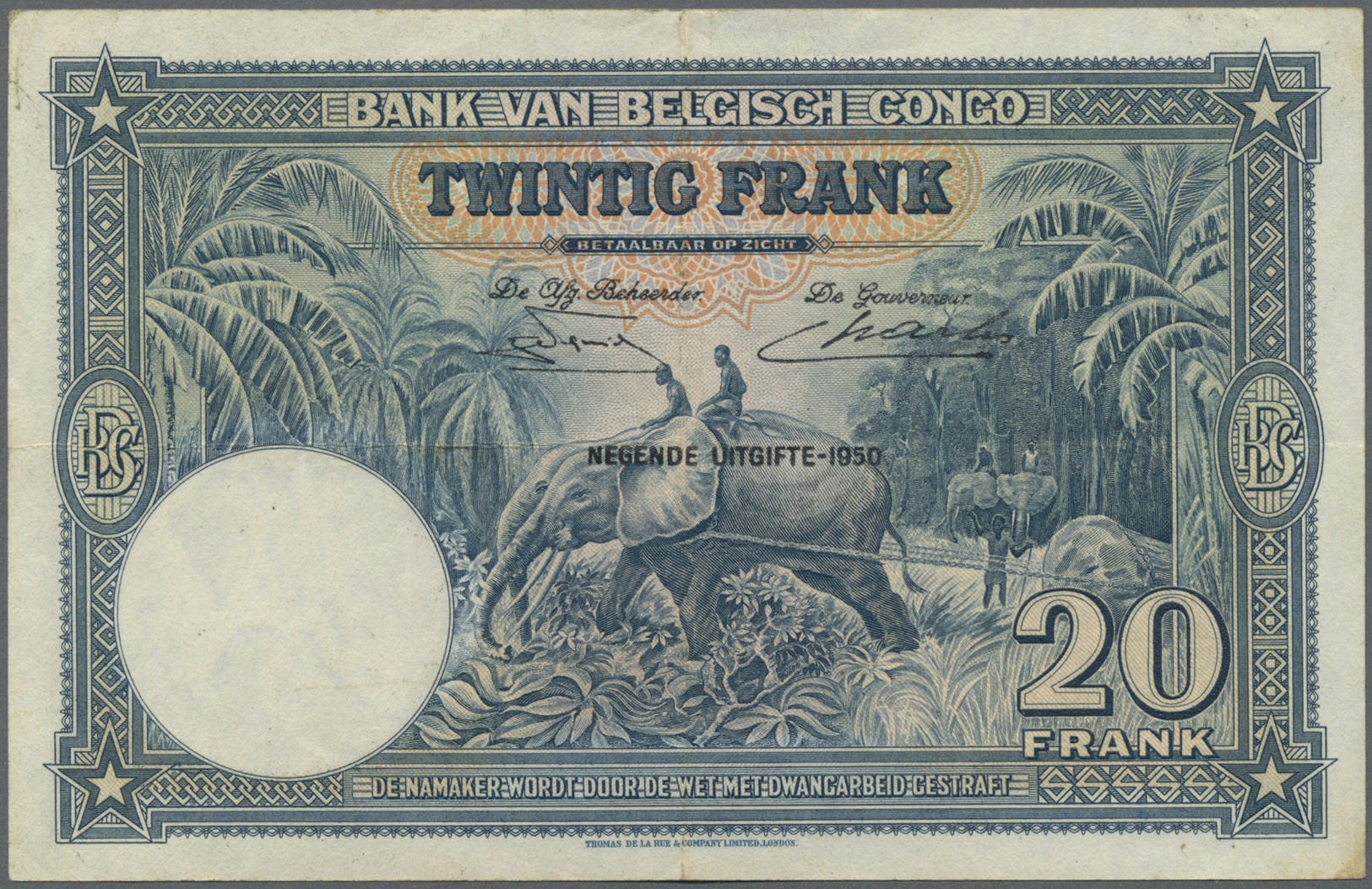00270 Belgian Congo / Belgisch Kongo: Bamque De Congo Belge 20 Francs April 11th 1950, P.15H, Excellent Condition With V - Unclassified