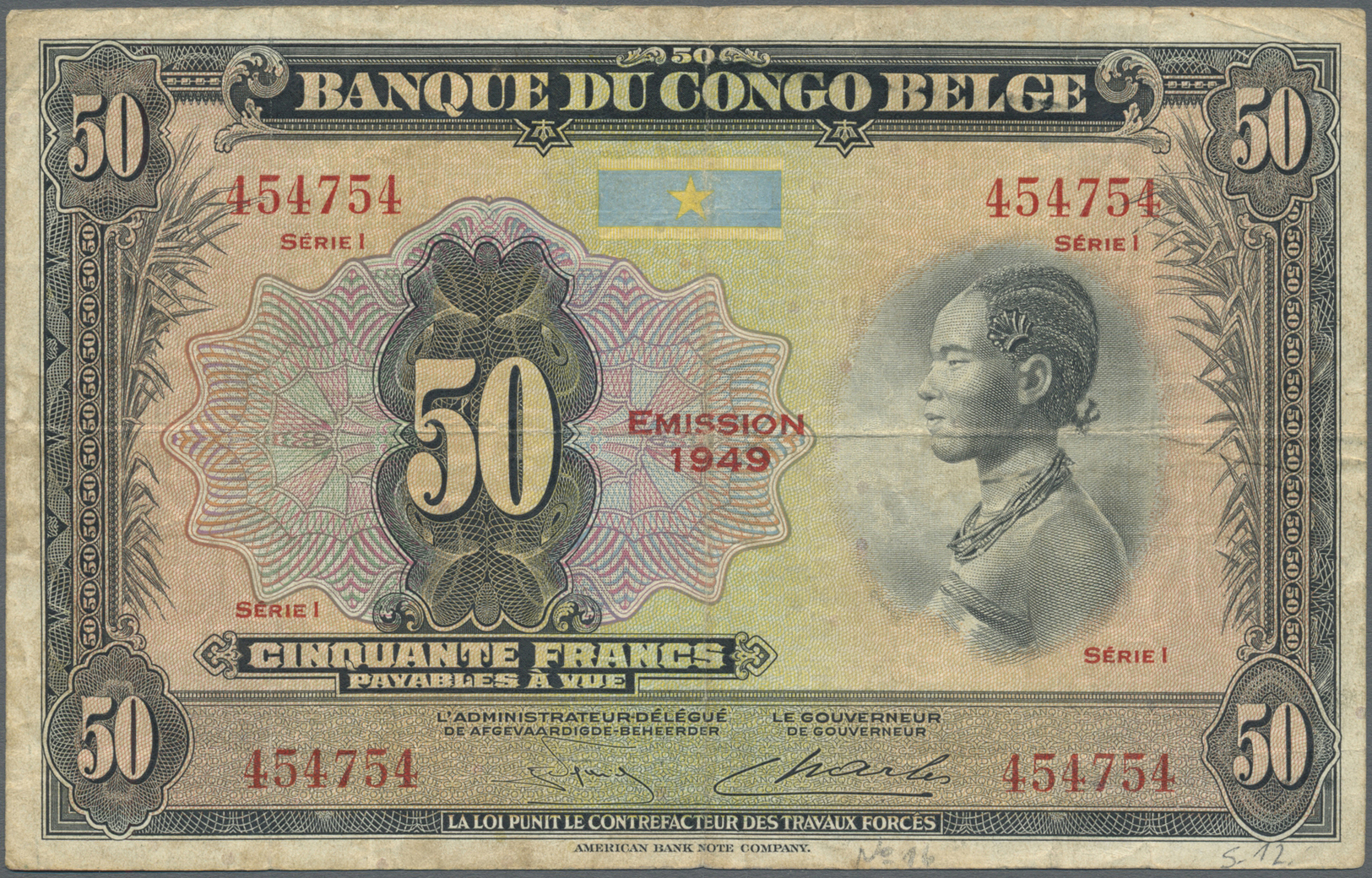00271 Belgian Congo / Belgisch Kongo: 50 Francs 1949 P. 16g, Usedf With Several Folds, Light Stain In Paper, No Holes Or - Unclassified