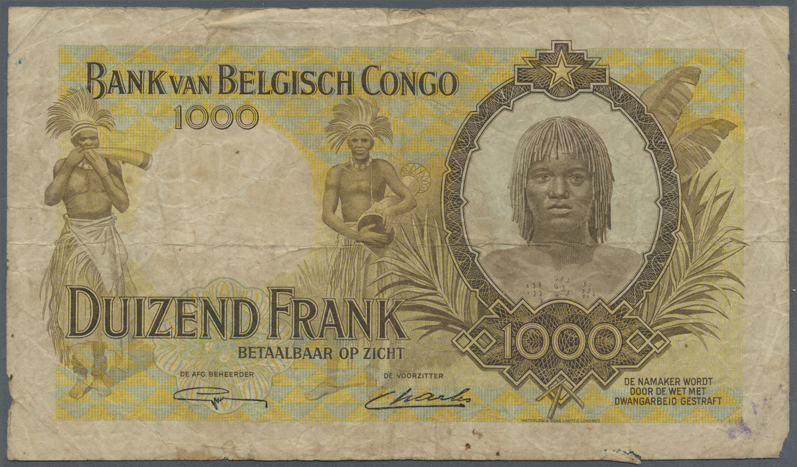 00274 Belgian Congo / Belgisch Kongo: Belgian Congo: 1000 Francs 1947, P.19b In Well Worn Condition With Many Folds And - Unclassified