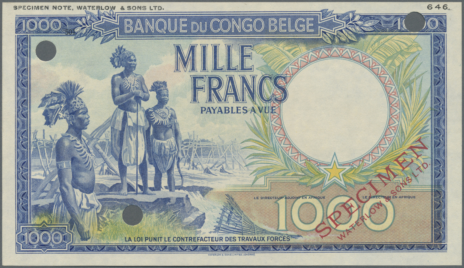 00275 Belgian Congo / Belgisch Kongo: Banque Du Congo Belge 1000 Francs 1944-47 Color Trial Specimen By Waterlow & Sons. - Unclassified
