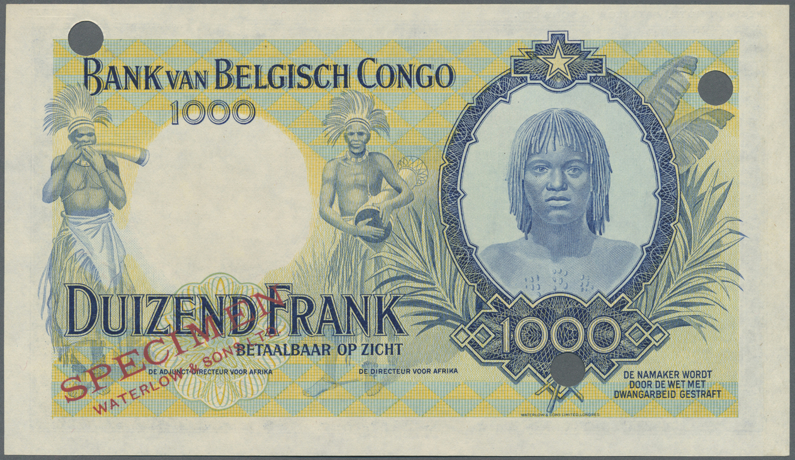 00275 Belgian Congo / Belgisch Kongo: Banque Du Congo Belge 1000 Francs 1944-47 Color Trial Specimen By Waterlow & Sons. - Unclassified