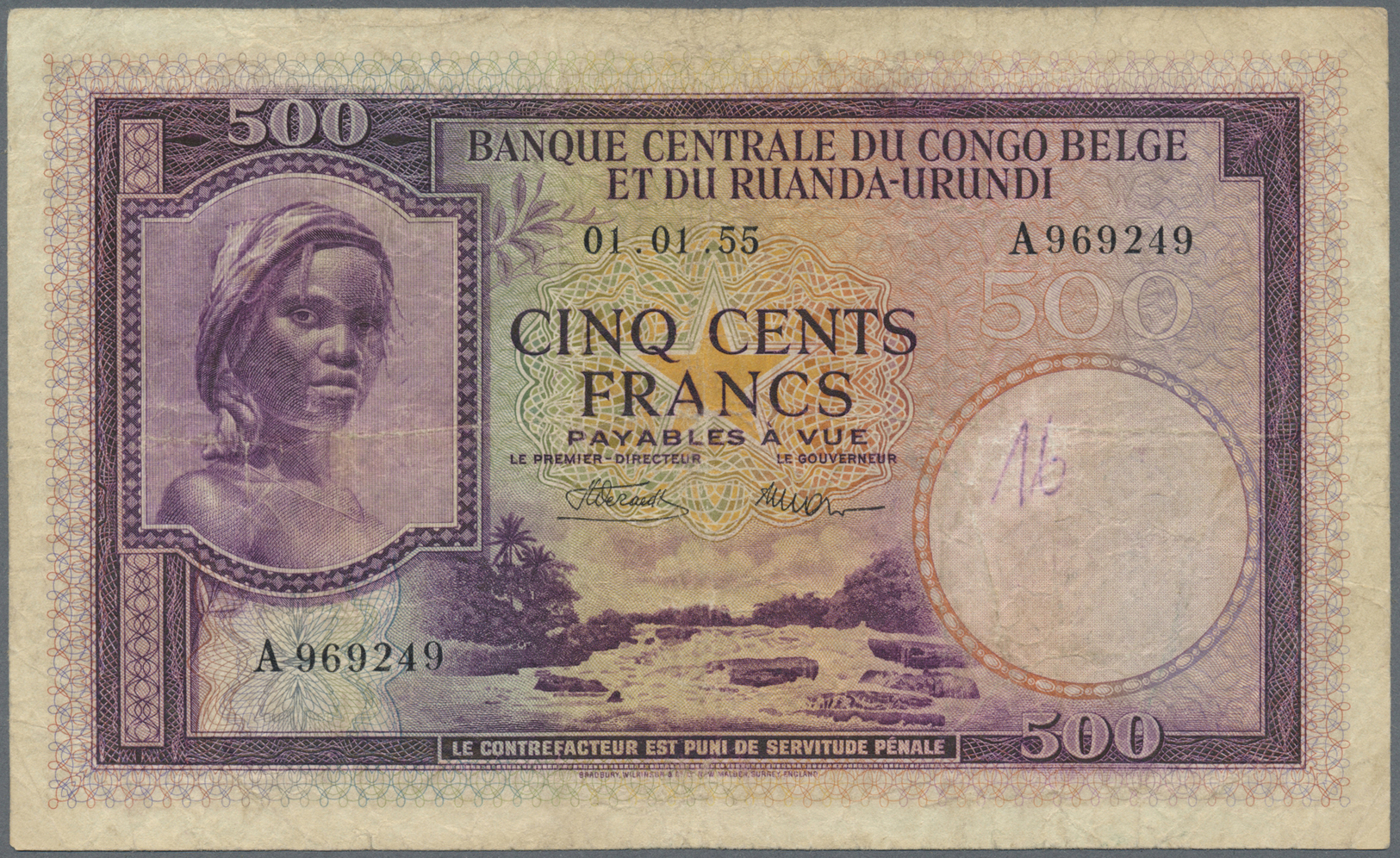 00276 Belgian Congo / Belgisch Kongo: 500 Francs 1955, P.28b, Yellowed And Stained Paper With Several Folds And Creases, - Unclassified