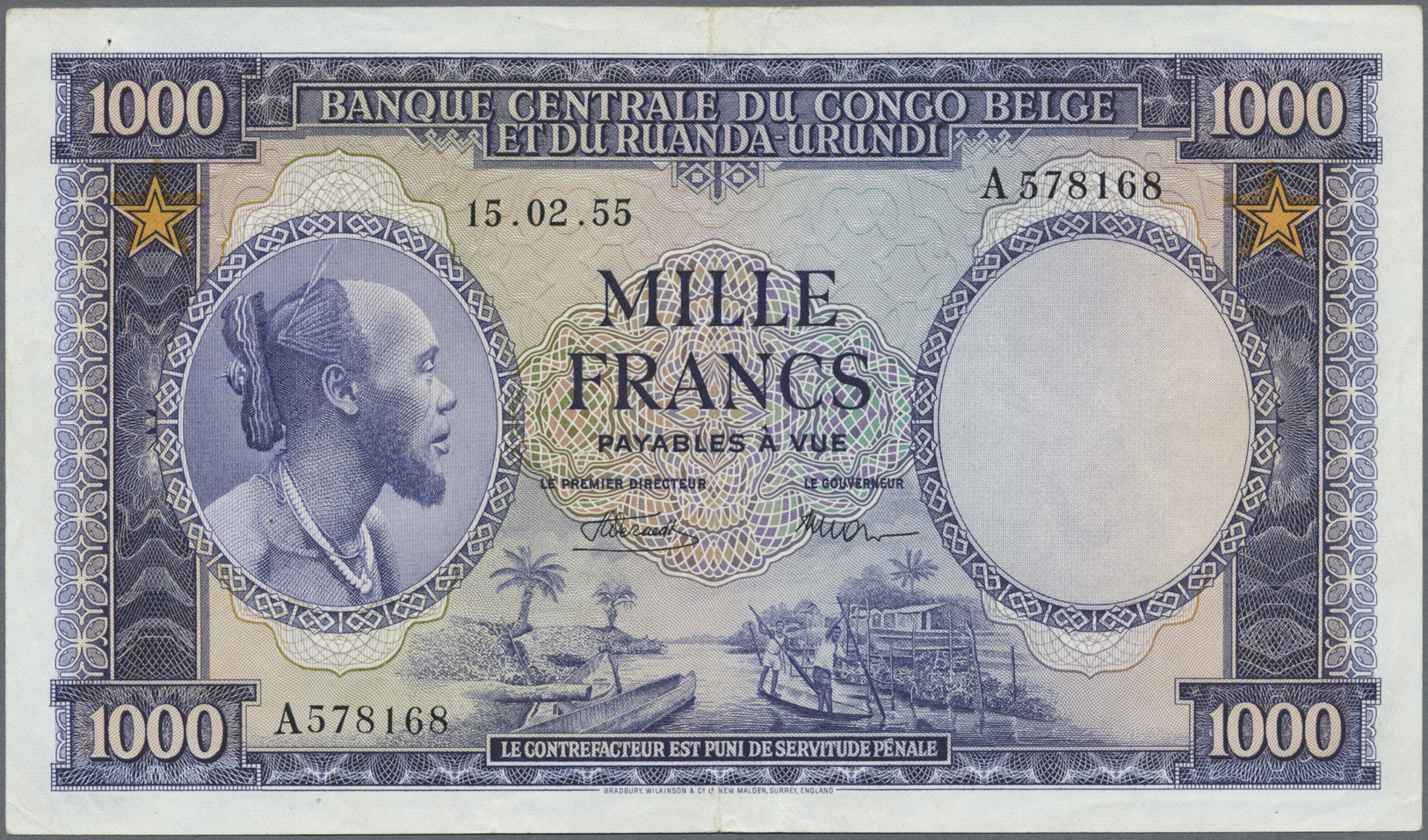 00278 Belgian Congo / Belgisch Kongo: 1000 Francs 1955 P. 29b, Exceptional Condition For This Type Of Note, 3 Small Pinh - Unclassified