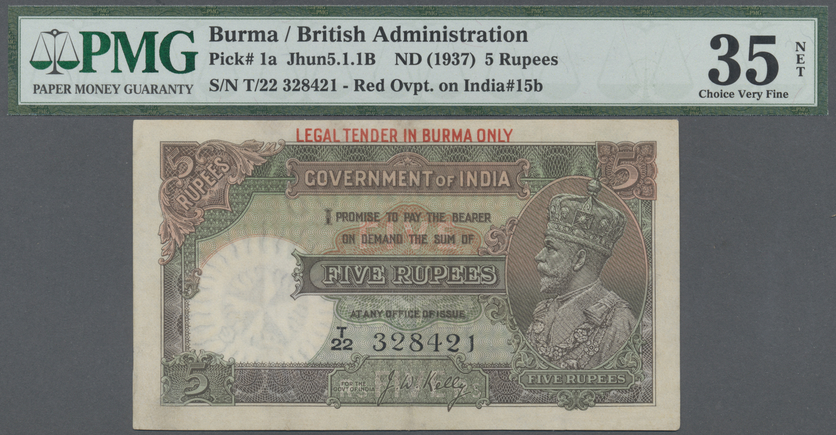 00437 Burma / Myanmar / Birma: Government Of India 5 Rupees With Red Overprint "LEGAL TENDER IN BURMA ONLY", P.1a (ovpt. - Myanmar