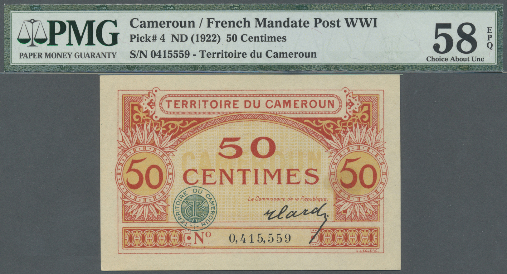 00461 Cameroon / Kamerun: 50 Centimes ND(1922) P. 4, Rare Note Especially In This Condition: PMG Graded 58 Choice About - Cameroon