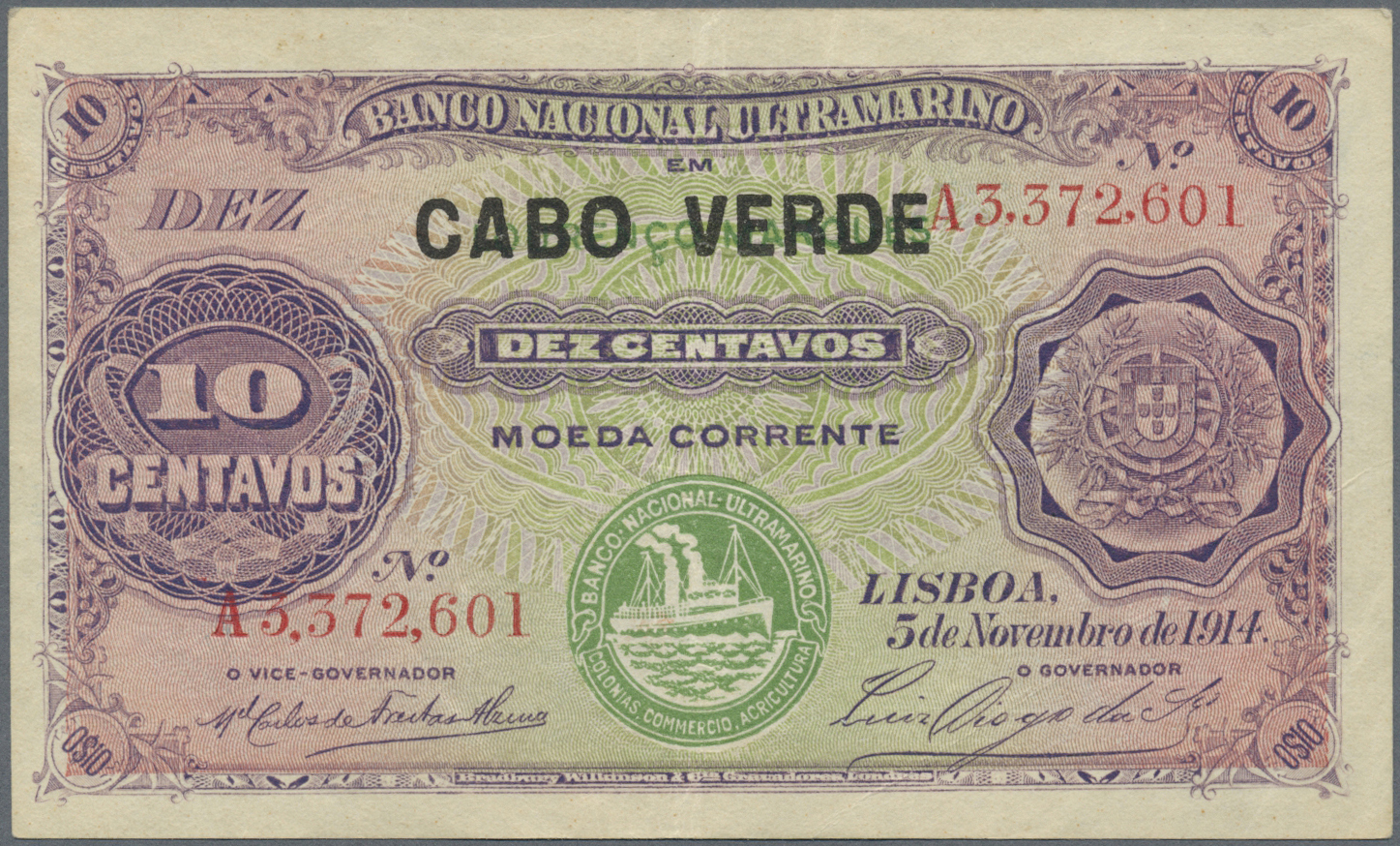 00493 Cape Verde / Kap Verde: 10 Centavos 1914 P. 13, CABO VERDE Overprint On Mozambique Issue, Used With Folds But No H - Cape Verde