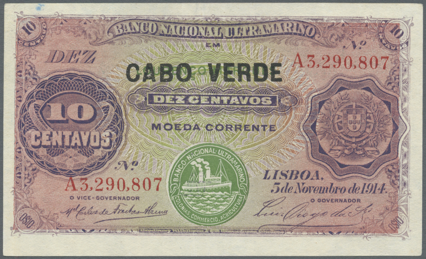 00495 Cape Verde / Kap Verde: 10 Centavos 1914 P. 20, Light Center Folds, Probably Pressed, Condition: VF+. - Capo Verde