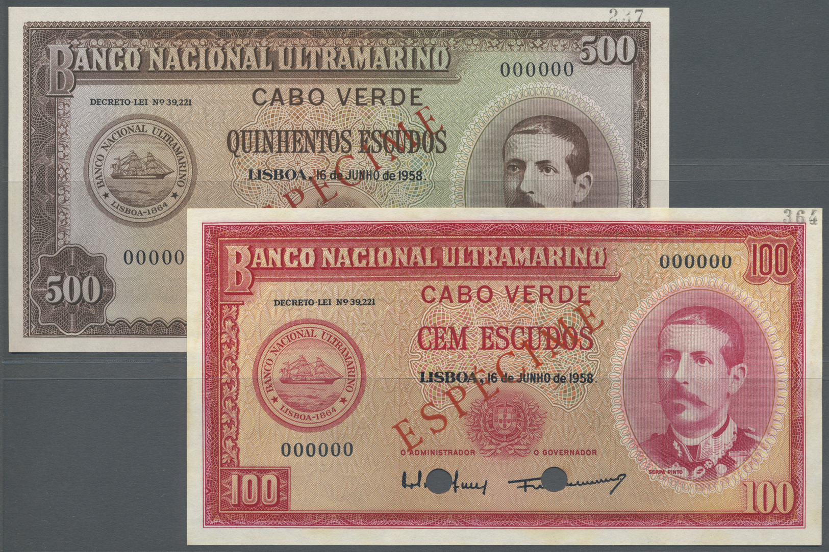 00498 Cape Verde / Kap Verde: Set Of 2 Notes Containing 100 And 500 Escudos 1958 Specimen P. 49ss, 50s, Both In Conditio - Cape Verde