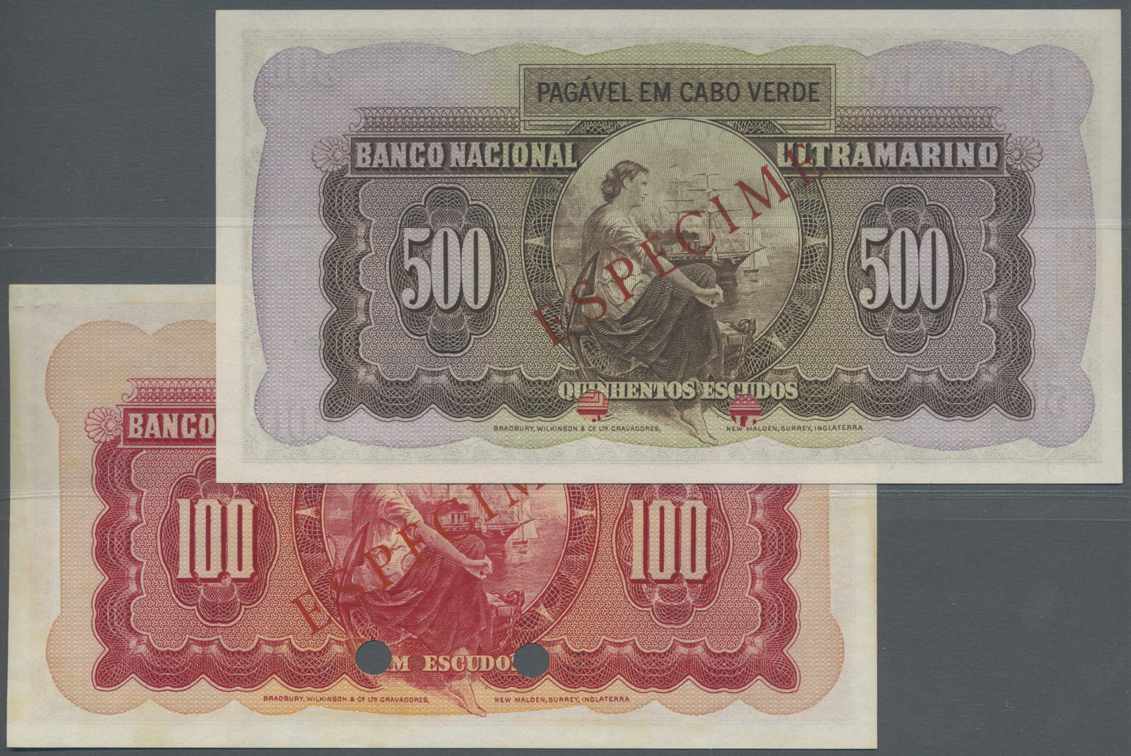 00498 Cape Verde / Kap Verde: Set Of 2 Notes Containing 100 And 500 Escudos 1958 Specimen P. 49ss, 50s, Both In Conditio - Cape Verde