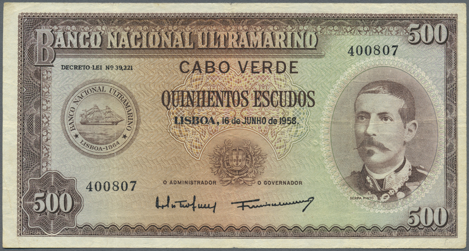 00500 Cape Verde / Kap Verde: 500 Escudos 1958 P. 50 In Used Condition With Several Folds But Without Holes Or Tears, St - Cape Verde