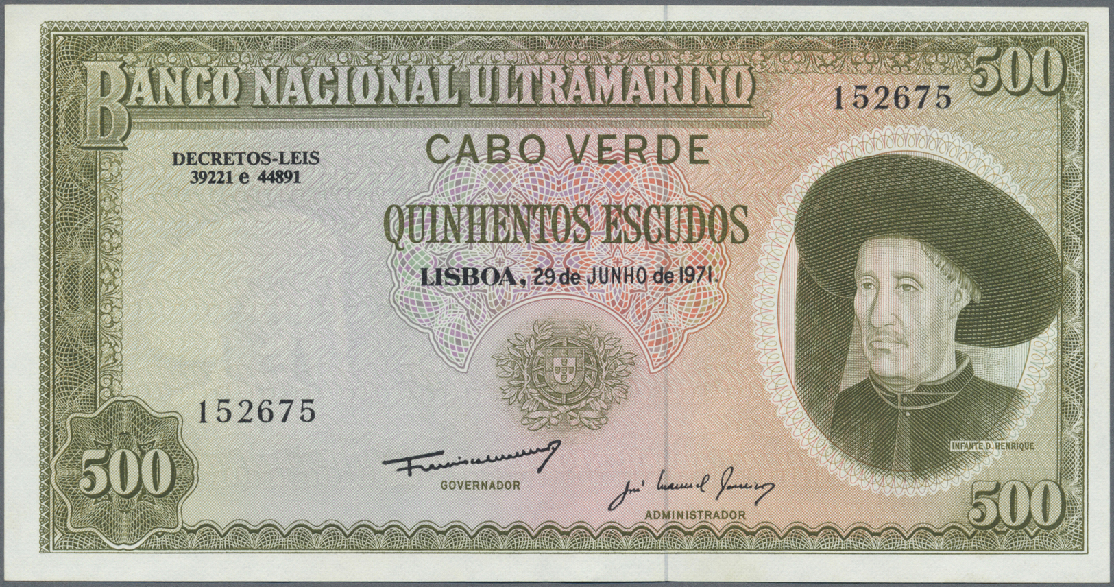 00502 Cape Verde / Kap Verde: 500 Escudos 1971 P. 53A, Light Center Bend, Condition: XF+ To AUNC. - Cape Verde