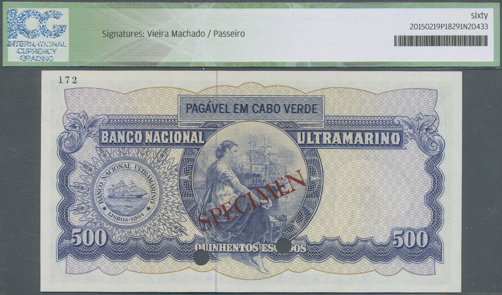00503 Cape Verde / Kap Verde: 500 Escudos 1971 Specimen Color Trial P. 53Act With Specimen Overprint And Bank Cancellati - Cape Verde