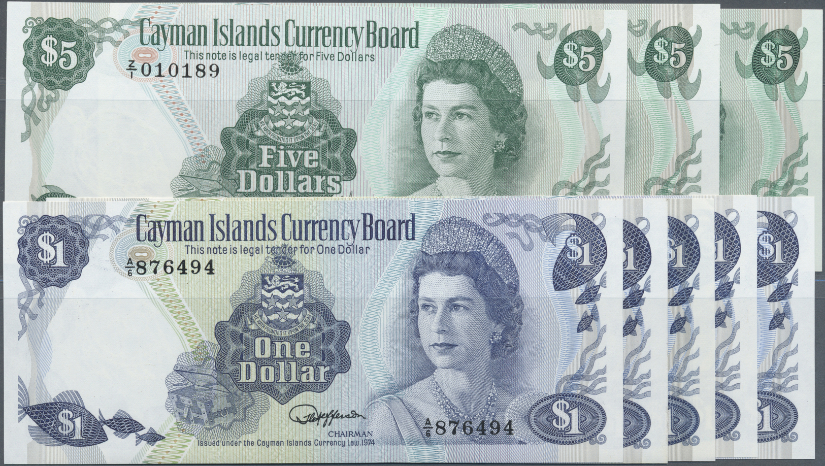 00506 Cayman Islands: Set Of 8 Notes Containing 5x 1 Dollar L.1974 And 3x 5 Dollars L.1974 (one Of Them With Prefix Z/1) - Cayman Islands