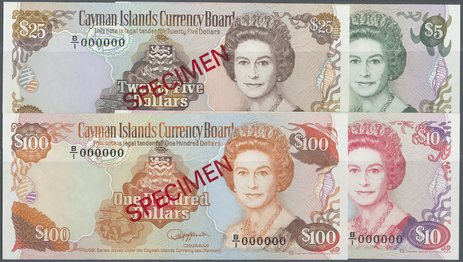 00512 Cayman Islands: Set Of 4 SPECIMEN Notes Containing 5, 10, 25 And 100 Dollars 1991 SPECIMEN P. 12s-15s, All In Cond - Cayman Islands